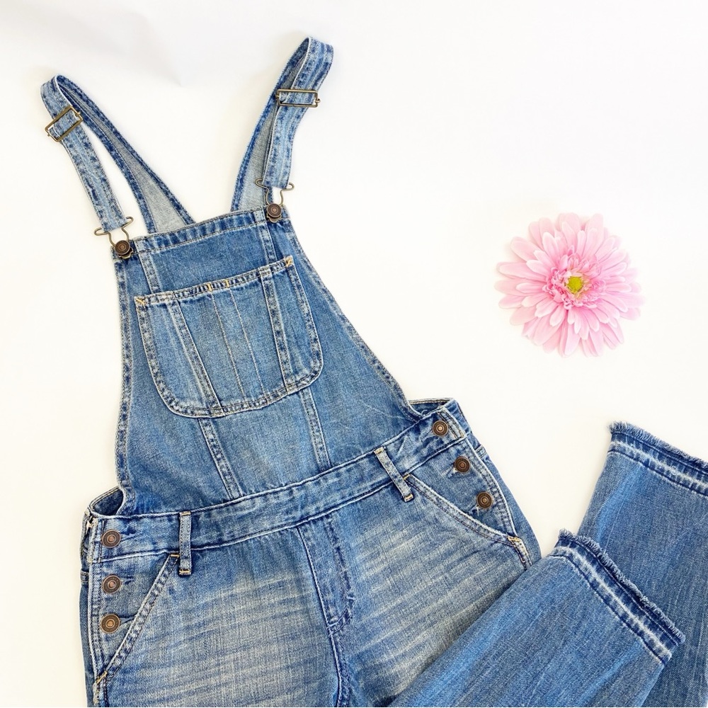 Abercrombie & Fitch Distressed Denim Jean Overalls Raw Hem Straight Slim Blue - Picture 4 of 12